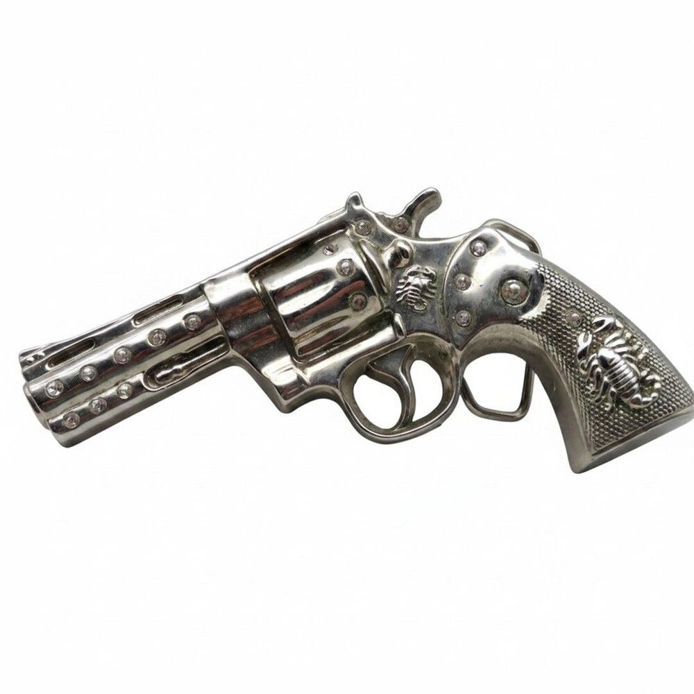 Vintage Revolver Belt Buckle Rhinestone Accents & Scorpion Grip Silver Tone